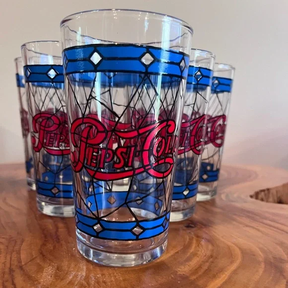 Vintage 1970s Pepsi-Cola Tiffany Stained Glass Inspired Glassware Set of 6 - Picture 1 of 9
